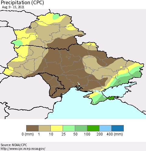 Ukraine, Moldova and Belarus Precipitation (CPC) Thematic Map For 8/9/2021 - 8/15/2021