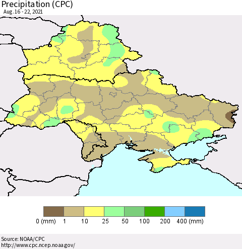 Ukraine, Moldova and Belarus Precipitation (CPC) Thematic Map For 8/16/2021 - 8/22/2021