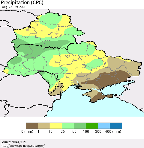 Ukraine, Moldova and Belarus Precipitation (CPC) Thematic Map For 8/23/2021 - 8/29/2021