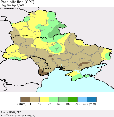 Ukraine, Moldova and Belarus Precipitation (CPC) Thematic Map For 8/30/2021 - 9/5/2021