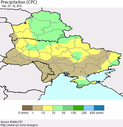 Ukraine, Moldova and Belarus Precipitation (CPC) Thematic Map For 9/20/2021 - 9/26/2021