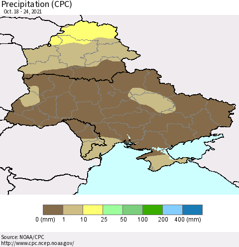 Ukraine, Moldova and Belarus Precipitation (CPC) Thematic Map For 10/18/2021 - 10/24/2021