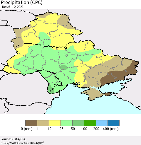 Ukraine, Moldova and Belarus Precipitation (CPC) Thematic Map For 12/6/2021 - 12/12/2021