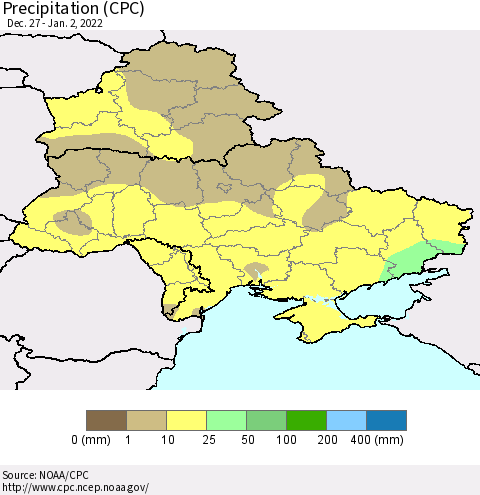 Ukraine, Moldova and Belarus Precipitation (CPC) Thematic Map For 12/27/2021 - 1/2/2022