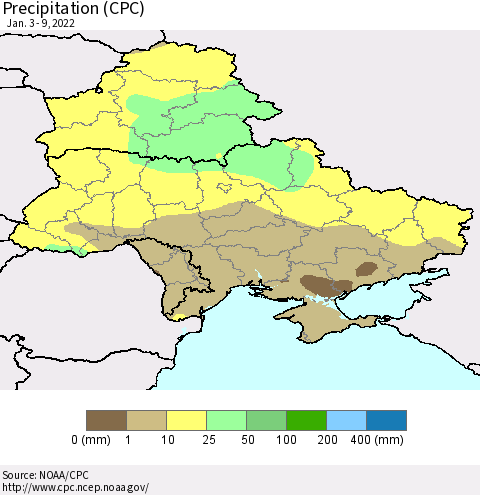 Ukraine, Moldova and Belarus Precipitation (CPC) Thematic Map For 1/3/2022 - 1/9/2022