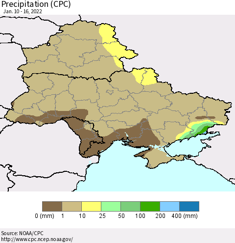 Ukraine, Moldova and Belarus Precipitation (CPC) Thematic Map For 1/10/2022 - 1/16/2022