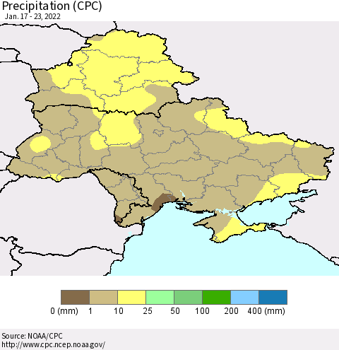 Ukraine, Moldova and Belarus Precipitation (CPC) Thematic Map For 1/17/2022 - 1/23/2022