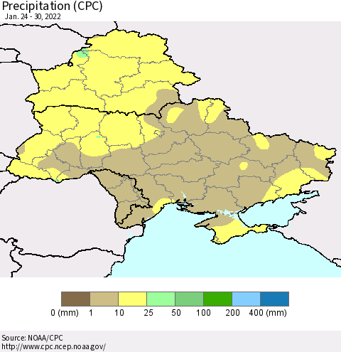 Ukraine, Moldova and Belarus Precipitation (CPC) Thematic Map For 1/24/2022 - 1/30/2022