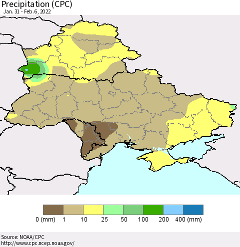 Ukraine, Moldova and Belarus Precipitation (CPC) Thematic Map For 1/31/2022 - 2/6/2022