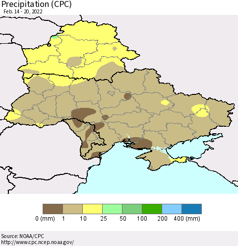 Ukraine, Moldova and Belarus Precipitation (CPC) Thematic Map For 2/14/2022 - 2/20/2022