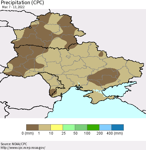 Ukraine, Moldova and Belarus Precipitation (CPC) Thematic Map For 3/7/2022 - 3/13/2022