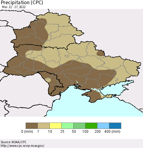 Ukraine, Moldova and Belarus Precipitation (CPC) Thematic Map For 3/21/2022 - 3/27/2022