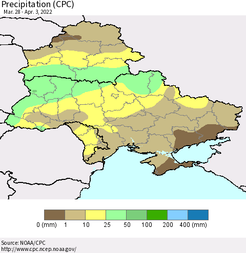 Ukraine, Moldova and Belarus Precipitation (CPC) Thematic Map For 3/28/2022 - 4/3/2022