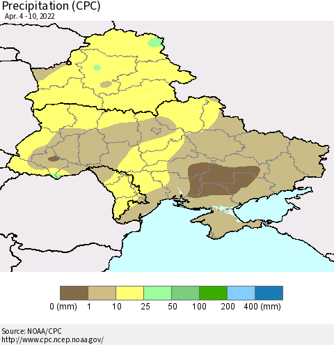 Ukraine, Moldova and Belarus Precipitation (CPC) Thematic Map For 4/4/2022 - 4/10/2022