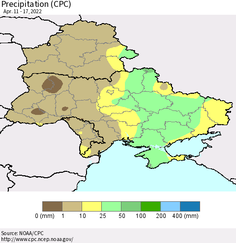 Ukraine, Moldova and Belarus Precipitation (CPC) Thematic Map For 4/11/2022 - 4/17/2022