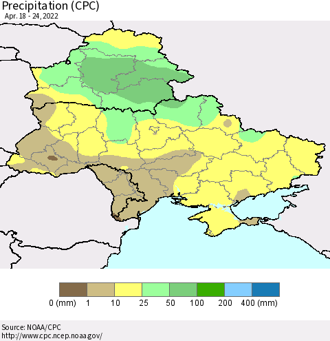Ukraine, Moldova and Belarus Precipitation (CPC) Thematic Map For 4/18/2022 - 4/24/2022