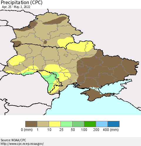 Ukraine, Moldova and Belarus Precipitation (CPC) Thematic Map For 4/25/2022 - 5/1/2022