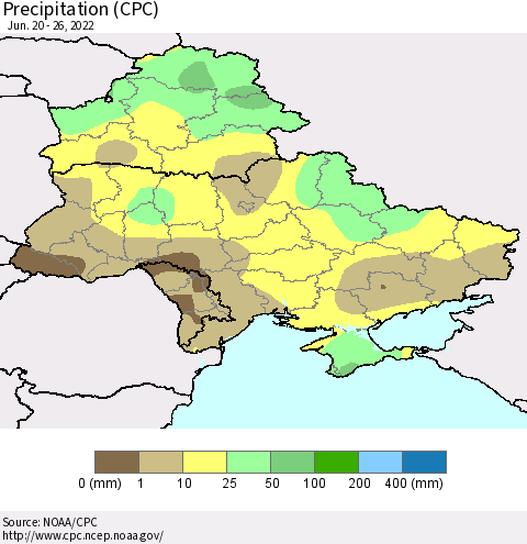 Ukraine, Moldova and Belarus Precipitation (CPC) Thematic Map For 6/20/2022 - 6/26/2022