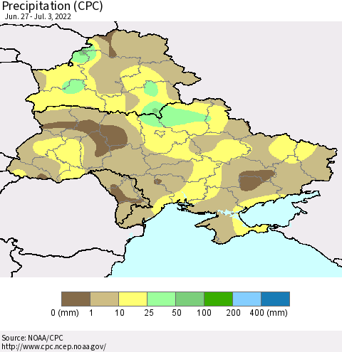 Ukraine, Moldova and Belarus Precipitation (CPC) Thematic Map For 6/27/2022 - 7/3/2022
