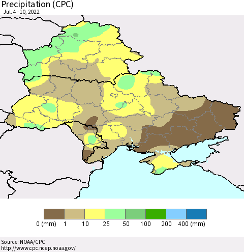 Ukraine, Moldova and Belarus Precipitation (CPC) Thematic Map For 7/4/2022 - 7/10/2022