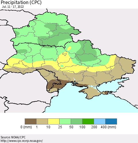 Ukraine, Moldova and Belarus Precipitation (CPC) Thematic Map For 7/11/2022 - 7/17/2022