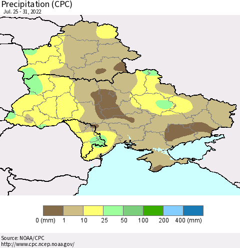 Ukraine, Moldova and Belarus Precipitation (CPC) Thematic Map For 7/25/2022 - 7/31/2022