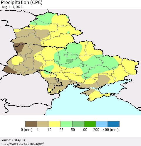 Ukraine, Moldova and Belarus Precipitation (CPC) Thematic Map For 8/1/2022 - 8/7/2022