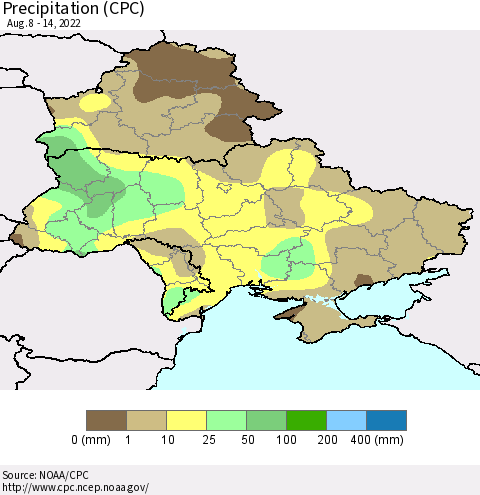 Ukraine, Moldova and Belarus Precipitation (CPC) Thematic Map For 8/8/2022 - 8/14/2022