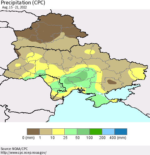 Ukraine, Moldova and Belarus Precipitation (CPC) Thematic Map For 8/15/2022 - 8/21/2022