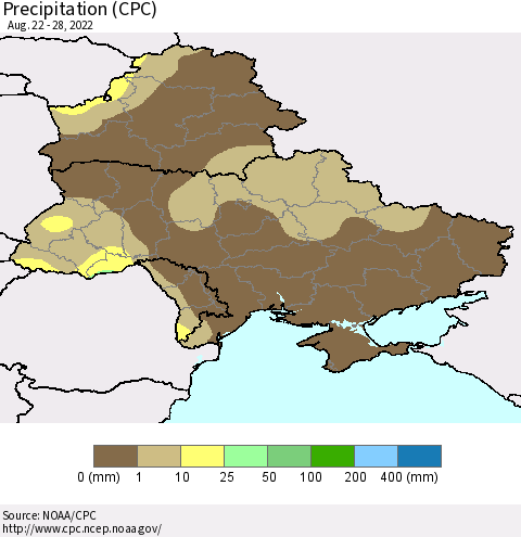 Ukraine, Moldova and Belarus Precipitation (CPC) Thematic Map For 8/22/2022 - 8/28/2022