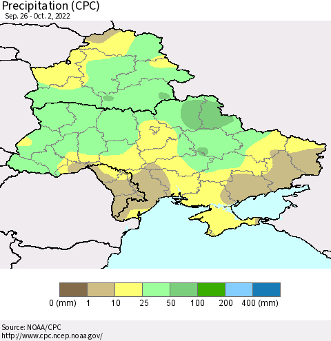 Ukraine, Moldova and Belarus Precipitation (CPC) Thematic Map For 9/26/2022 - 10/2/2022