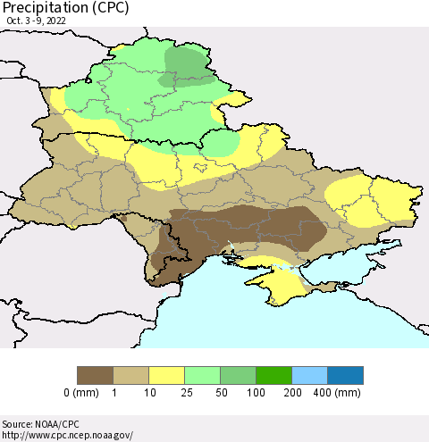 Ukraine, Moldova and Belarus Precipitation (CPC) Thematic Map For 10/3/2022 - 10/9/2022