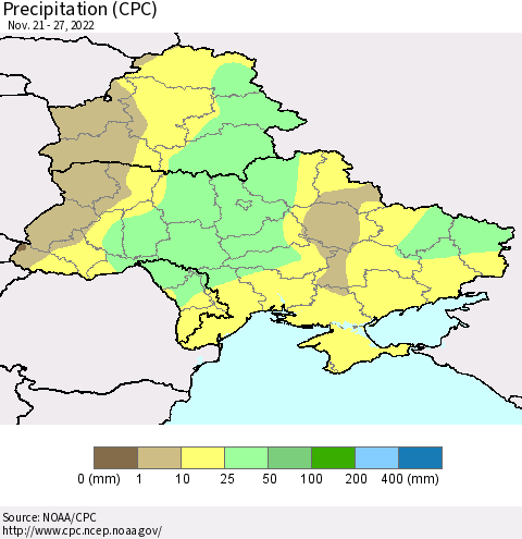 Ukraine, Moldova and Belarus Precipitation (CPC) Thematic Map For 11/21/2022 - 11/27/2022