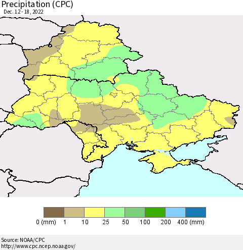 Ukraine, Moldova and Belarus Precipitation (CPC) Thematic Map For 12/12/2022 - 12/18/2022