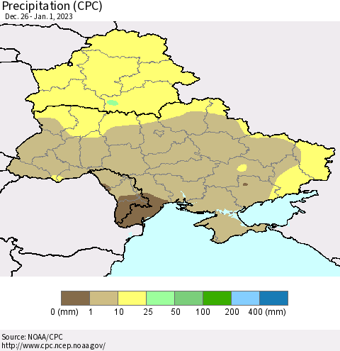 Ukraine, Moldova and Belarus Precipitation (CPC) Thematic Map For 12/26/2022 - 1/1/2023