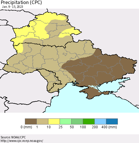 Ukraine, Moldova and Belarus Precipitation (CPC) Thematic Map For 1/9/2023 - 1/15/2023