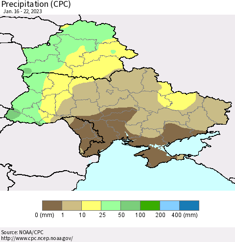 Ukraine, Moldova and Belarus Precipitation (CPC) Thematic Map For 1/16/2023 - 1/22/2023