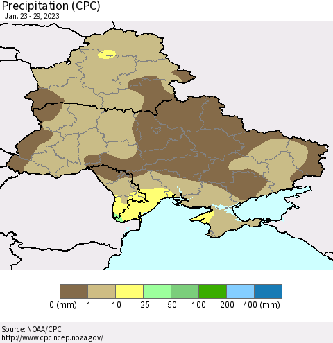 Ukraine, Moldova and Belarus Precipitation (CPC) Thematic Map For 1/23/2023 - 1/29/2023