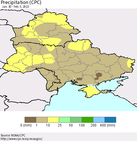 Ukraine, Moldova and Belarus Precipitation (CPC) Thematic Map For 1/30/2023 - 2/5/2023