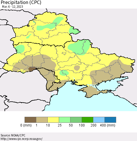 Ukraine, Moldova and Belarus Precipitation (CPC) Thematic Map For 3/6/2023 - 3/12/2023
