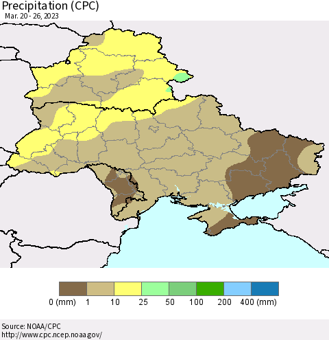Ukraine, Moldova and Belarus Precipitation (CPC) Thematic Map For 3/20/2023 - 3/26/2023