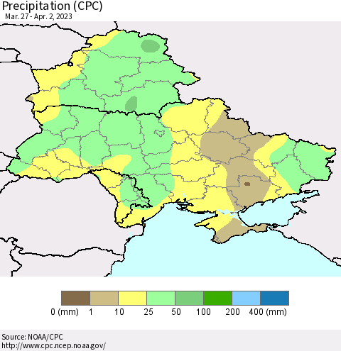 Ukraine, Moldova and Belarus Precipitation (CPC) Thematic Map For 3/27/2023 - 4/2/2023