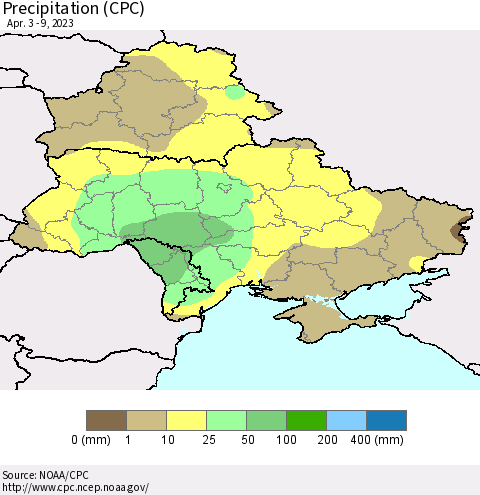 Ukraine, Moldova and Belarus Precipitation (CPC) Thematic Map For 4/3/2023 - 4/9/2023