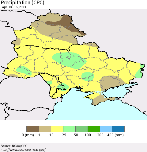 Ukraine, Moldova and Belarus Precipitation (CPC) Thematic Map For 4/10/2023 - 4/16/2023