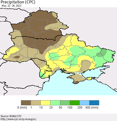 Ukraine, Moldova and Belarus Precipitation (CPC) Thematic Map For 5/22/2023 - 5/28/2023