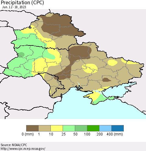 Ukraine, Moldova and Belarus Precipitation (CPC) Thematic Map For 6/12/2023 - 6/18/2023