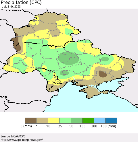 Ukraine, Moldova and Belarus Precipitation (CPC) Thematic Map For 7/3/2023 - 7/9/2023