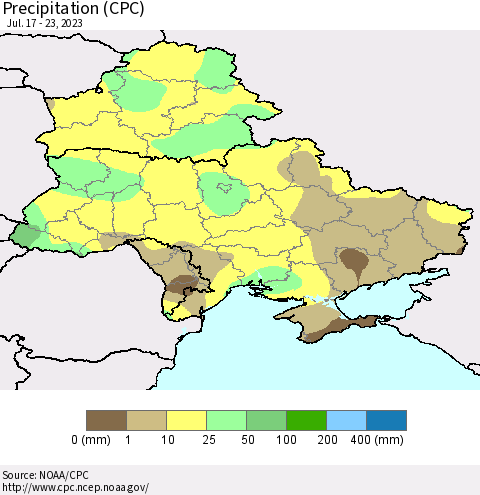 Ukraine, Moldova and Belarus Precipitation (CPC) Thematic Map For 7/17/2023 - 7/23/2023
