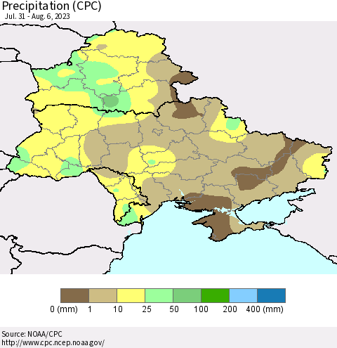 Ukraine, Moldova and Belarus Precipitation (CPC) Thematic Map For 7/31/2023 - 8/6/2023