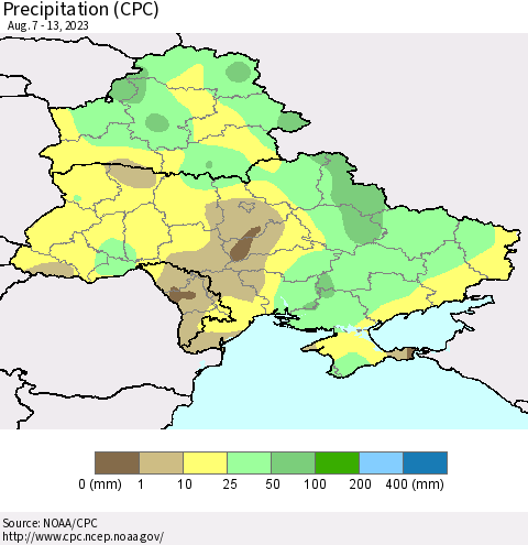Ukraine, Moldova and Belarus Precipitation (CPC) Thematic Map For 8/7/2023 - 8/13/2023